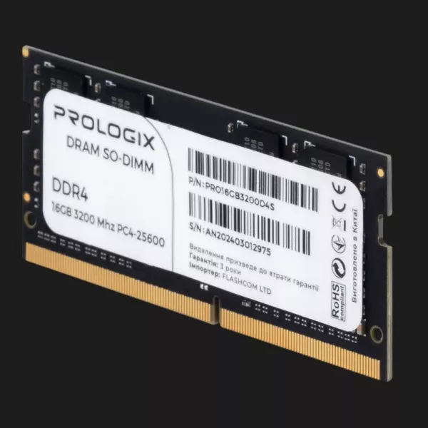 Оперативна памʼять Prologix SO-DIMM DDR4 16GB 1x16GB 3200MHz (PRO16GB3200D4S)