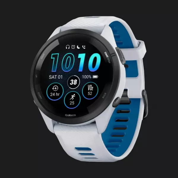 Garmin Forerunner 265 Black Bezel with Whitestone Case and Whitestone/Tidal Blue Silicone Band
