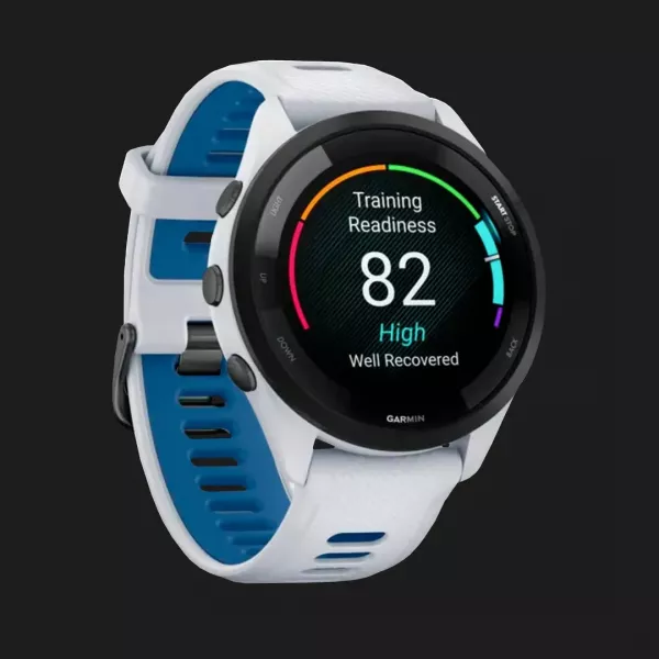 Garmin Forerunner 265 Black Bezel with Whitestone Case and Whitestone/Tidal Blue Silicone Band