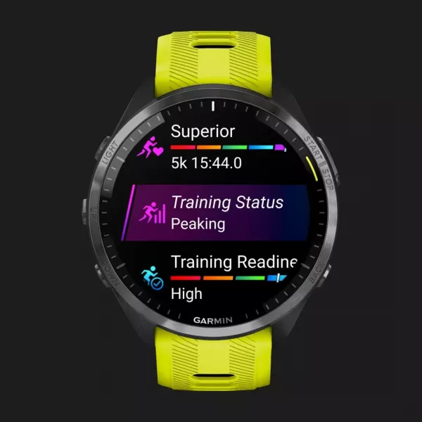 Garmin Forerunner 965 Carbon Gray DLC Titanium Bezel with Black Case and Amp Yellow/Black Silicone Band