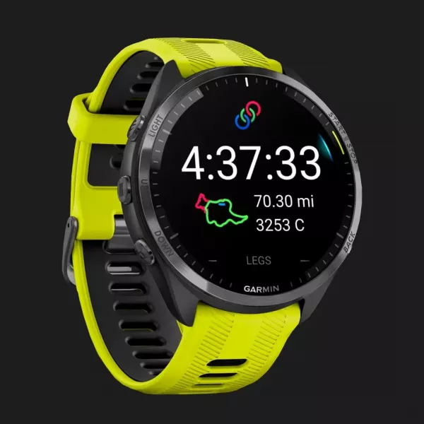 Garmin Forerunner 965 Carbon Gray DLC Titanium Bezel with Black Case and Amp Yellow/Black Silicone Band
