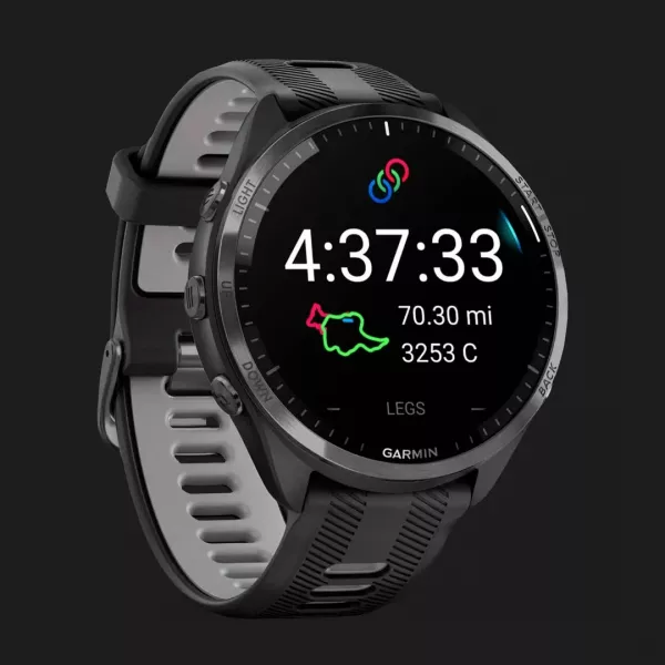 Garmin Forerunner 965 Carbon Gray DLC Titanium Bezel, Black Case, Black/Powder Gray Silicone Band