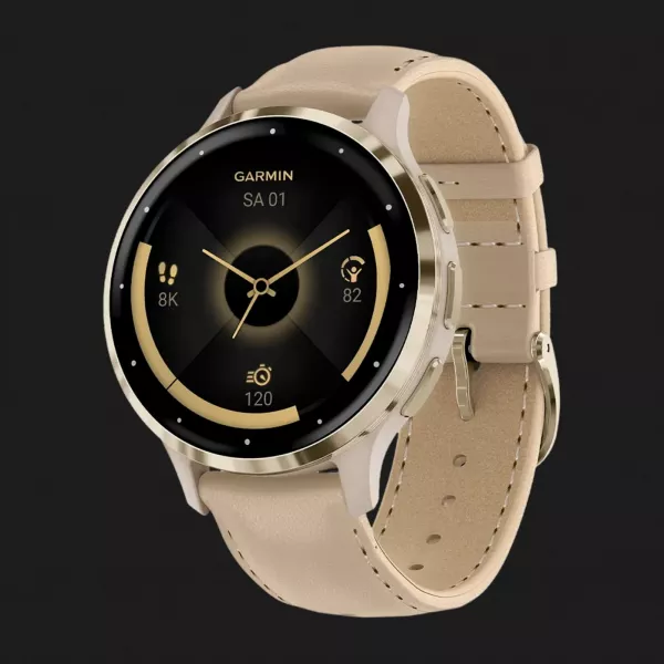 Garmin Venu 3S Soft Gold Stainless Steel Bezel with French Gray Case and Leather Band