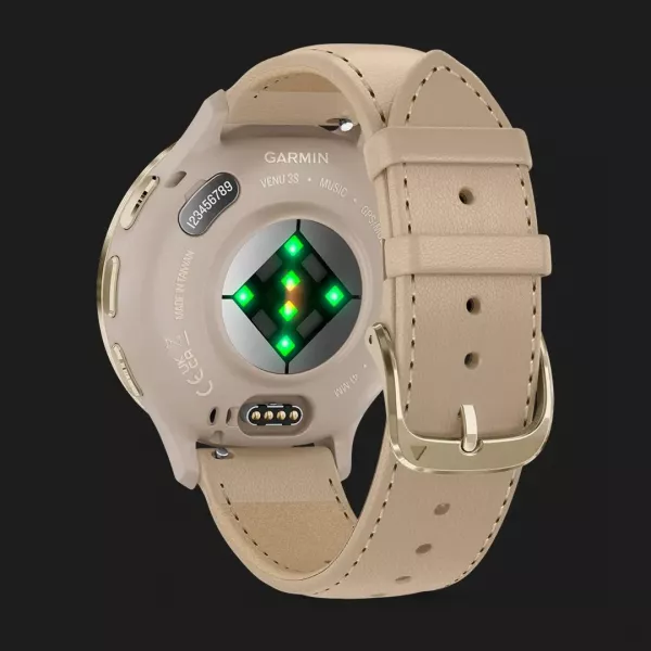 Garmin Venu 3S Soft Gold Stainless Steel Bezel with French Gray Case and Leather Band