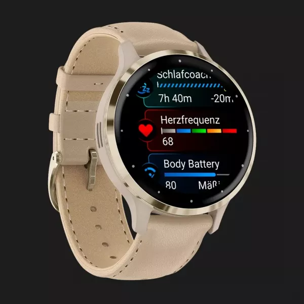 Garmin Venu 3S Soft Gold Stainless Steel Bezel with French Gray Case and Leather Band