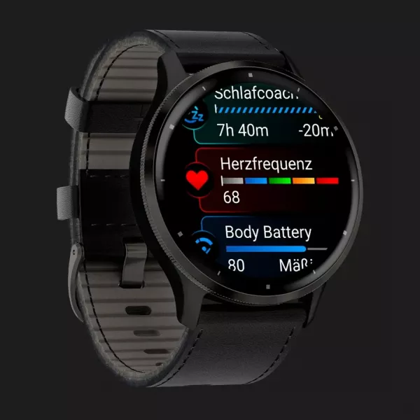 Garmin Venu 3 Slate Stainless Steel Bezel with Black Case and Black Leather Band