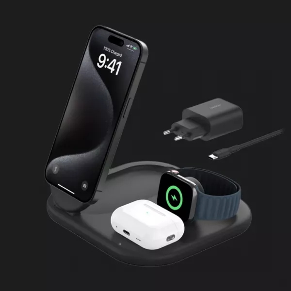 Безпровідна зарядка Belkin 3в1 Magnetic Foldable iPhone/Watch/AirPods, Qi2 15Вт (Black)
