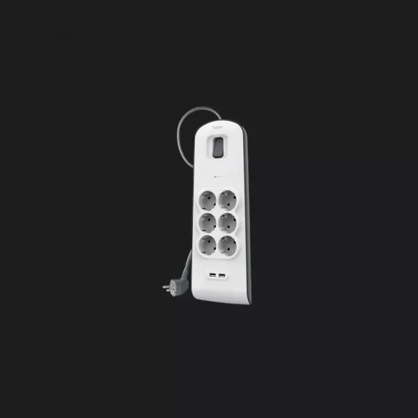 Мережевий фільтр Belkin 6хТип F, 3x1.5мм кв, 16А, 2xUSB-A 2.4A, з захистом від перенапруги,2м (White)