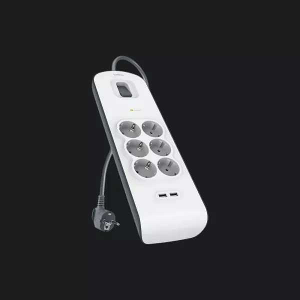Мережевий фільтр Belkin 6хТип F, 3x1.5мм кв, 16А, 2xUSB-A 2.4A, з захистом від перенапруги,2м (White)