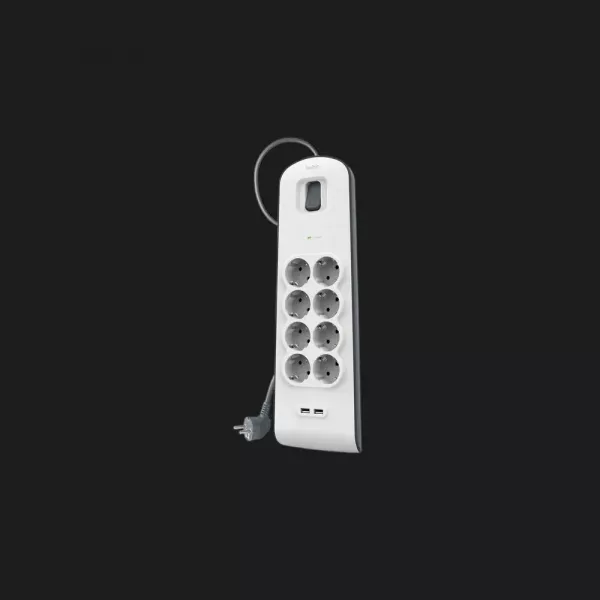 Мережевий фільтр Belkin 8хТип F, 3x1.5мм кв, 16А, 2xUSB-A 2.4A, з захистом від перенапруги,2м (White)