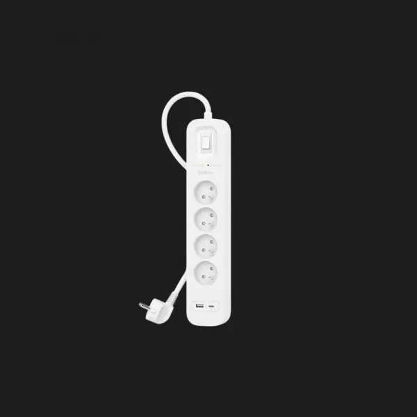 Мережевий фільтр Belkin 4хТип F, 3x1.5мм кв, 16А, USB-A/USB-C 18Вт, з захистом від перенапруги, 2м (White)