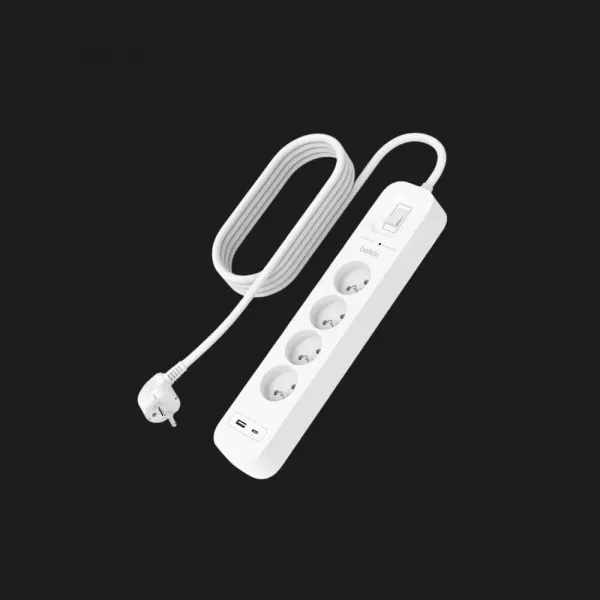 Мережевий фільтр Belkin 4хТип F, 3x1.5мм кв, 16А, USB-A/USB-C 18Вт, з захистом від перенапруги, 2м (White)