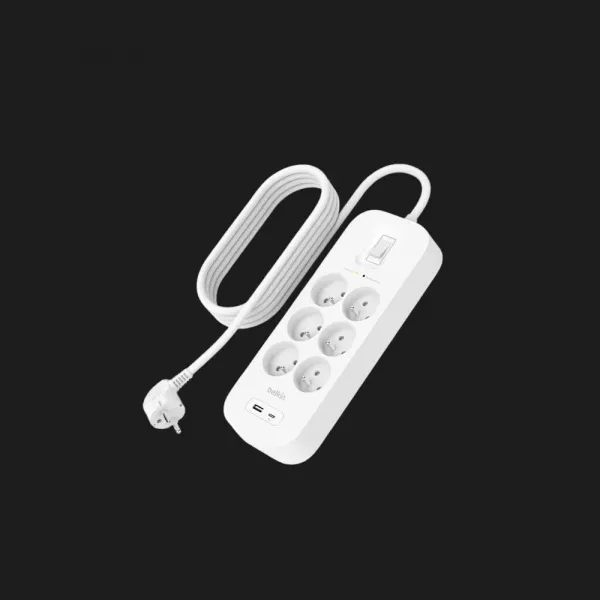 Мережевий фільтр Belkin 6хТип F, 3x1.5мм кв, 16А, USB-A/USB-C 18Вт, з захистом від перенапруги, 2м (White)