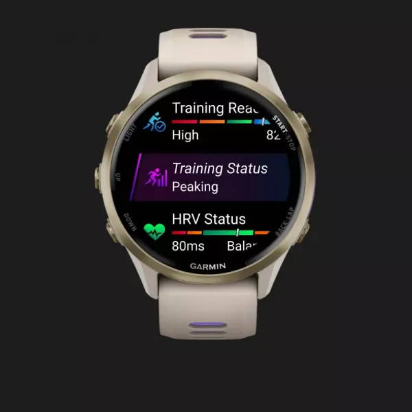 Garmin Forerunner 970 Soft Gold Titanium with French Gray Case and French Gray/Translucent Indigo Band