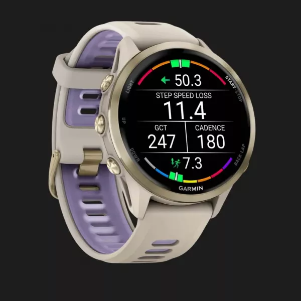 Garmin Forerunner 970 Soft Gold Titanium with French Gray Case and French Gray/Translucent Indigo Band
