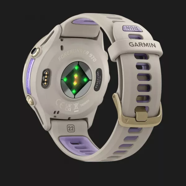 Garmin Forerunner 970 Soft Gold Titanium with French Gray Case and French Gray/Translucent Indigo Band