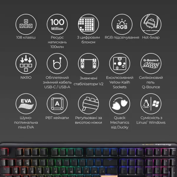 Клавіатура ігрова Ducky One 3 Cherry MX Silent red RGB (Black) (UA)