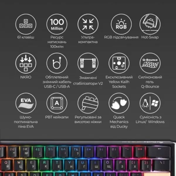 Клавіатура ігрова Ducky One 3 Mini Cherry MX Speed silver RGB (Black) (UA)