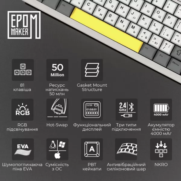 Клавіатура ігрова Epomaker AK820 Pro Flying Fish (White) (UA)