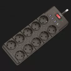 Мережевий фільтр 2E 10xТипF, 16A, 3xUSB-A, 1xUSB-C, 3m (Black)