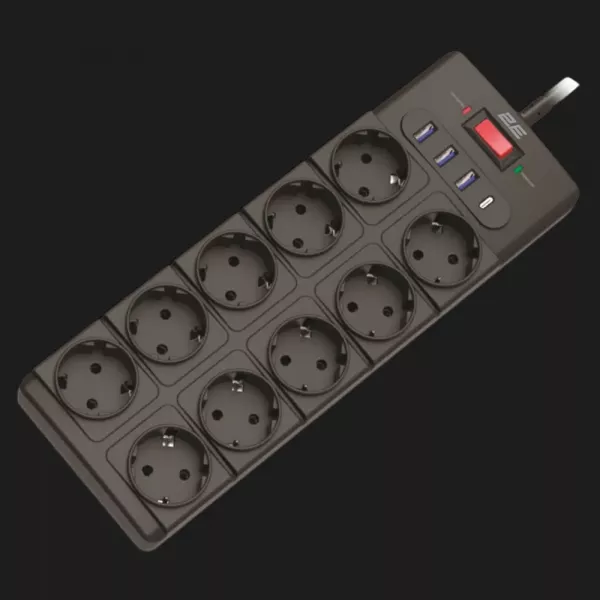 Мережевий фільтр 2E 10xТипF, 16A, 3xUSB-A, 1xUSB-C, 3m (Black)